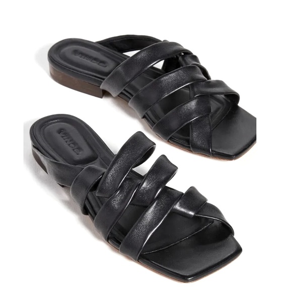 Vince Sandal Slide Zayna Black Leather Flat Square Strappy Slip On 6.5M $275 - Picture 1 of 12